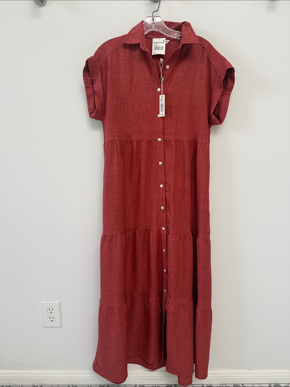 Max Studio Brick Red Button-Front Tiered Maxi Dress